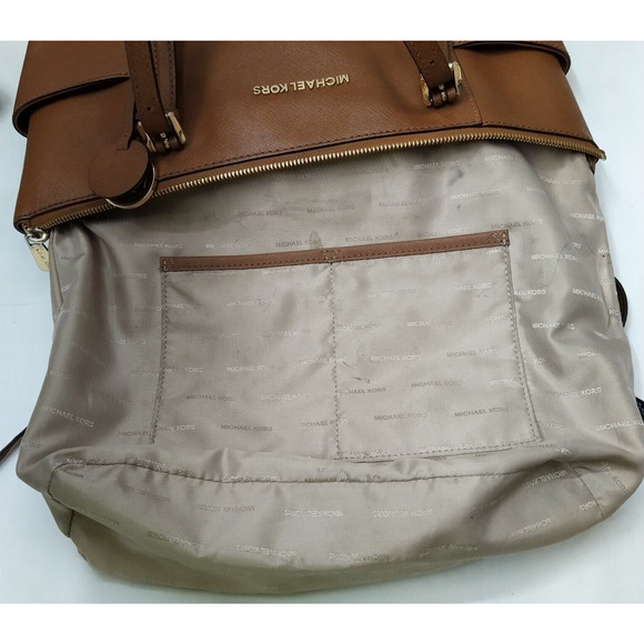 Michael Kors Jet Set Brown Crossgrain Leather Pockets Zipper Tote Shoulder Bag - Picture 11 of 16